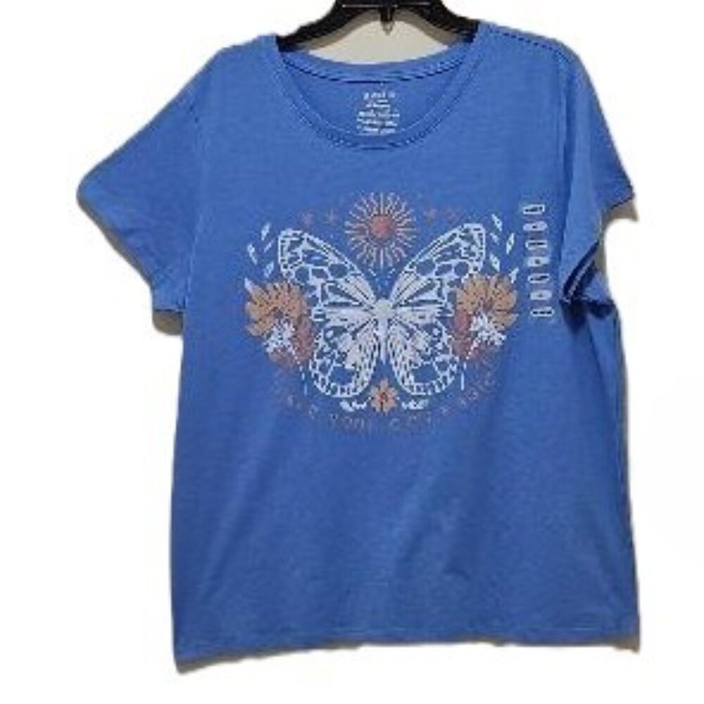 NEW BLUE BUTTERFLY CELESTIAL FLORAL GRAPHIC TEE  XL & XXL